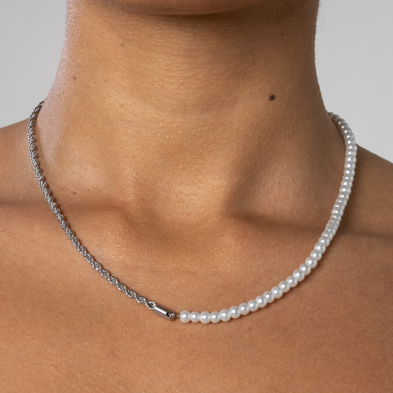 4mm Half Pearl & Rope Necklace - White Gold