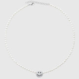 Iced Smiley Face Motif Pearl Necklace - White Gold