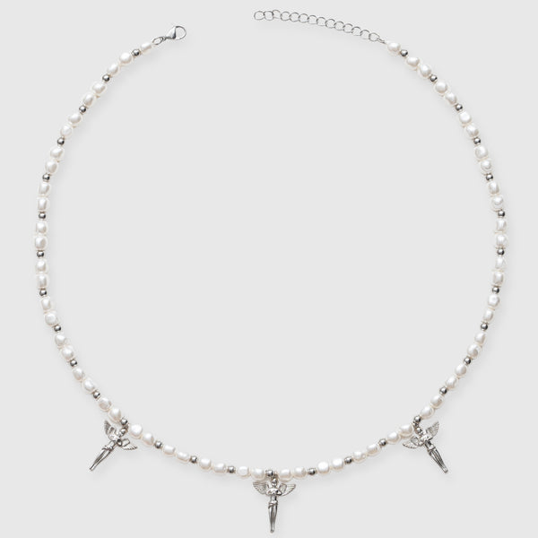 5mm Angels Motif Beaded Pearl Necklace - White Gold
