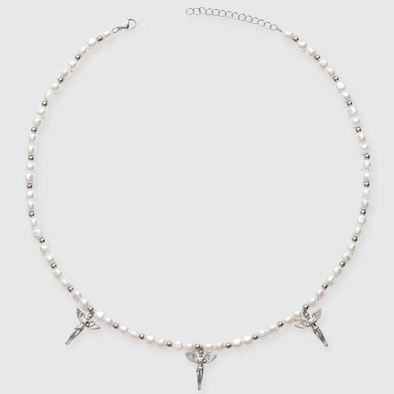 5mm Angels Motif Beaded Pearl Necklace - White Gold