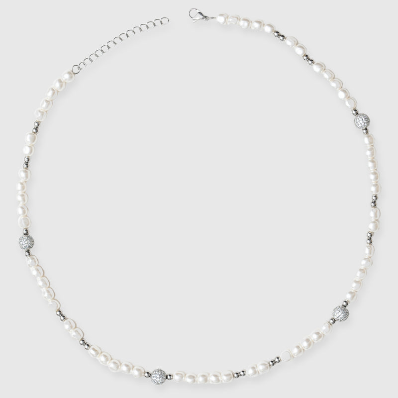 5mm Iced Beaded Pearl Necklace - White Gold